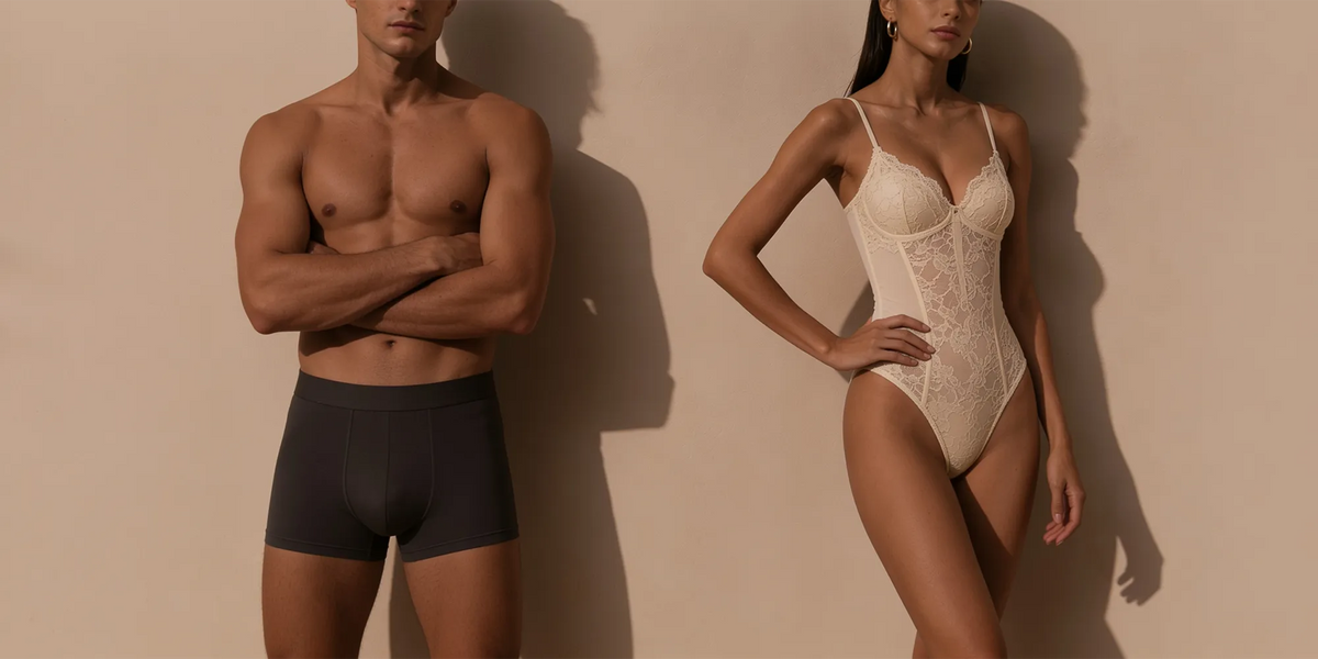 Zwei Models vor einer sandfarbenen Wand – ein Mann in schwarzer Boxershorts und eine Frau in einem cremefarbenen Spitzen-Body.